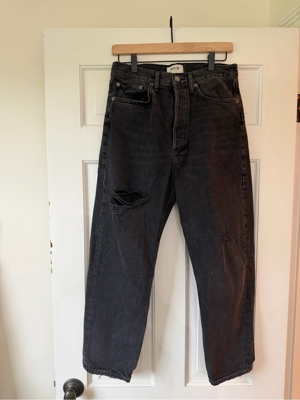 Agolde Black 90s Crop Relaxed Fit Distressed Jeans